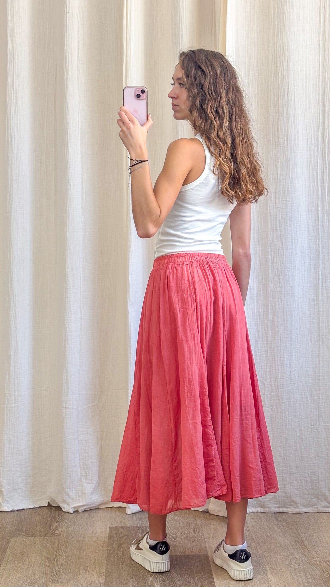 Jupe longue Zélie corail fluide taille élastique coupe évasée style bohème femme été
