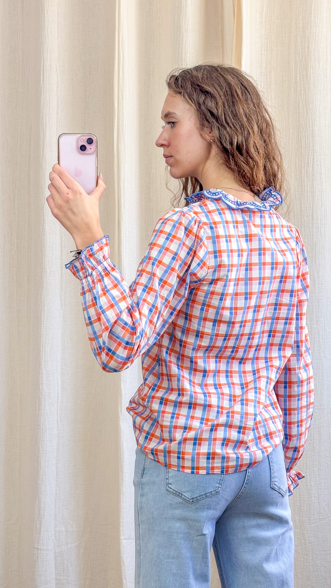 Blouse Livia - Chemise à carreaux col montant brodé