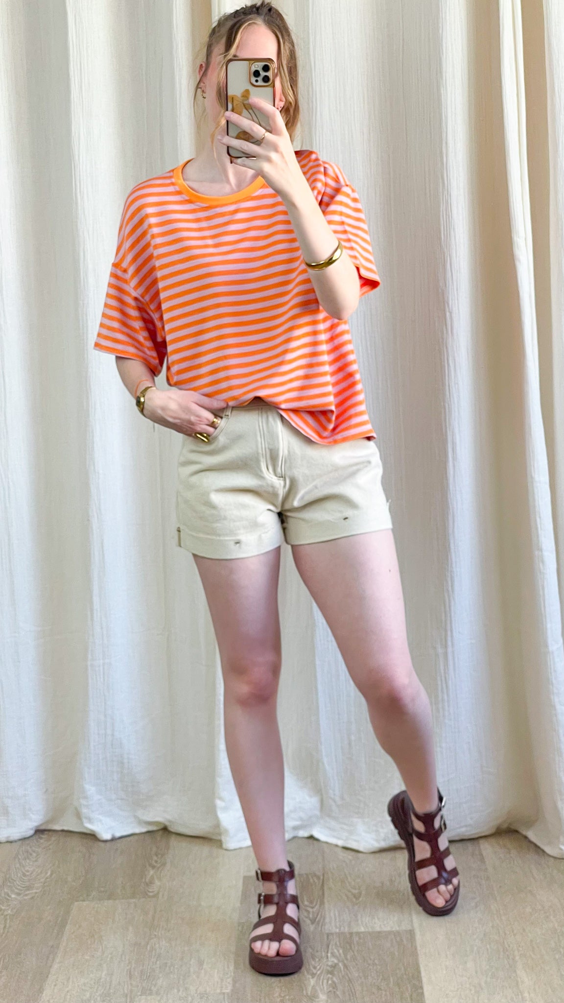 T-shirt Théa oversize rayé orange et rose manches courtes femme style décontracté été
