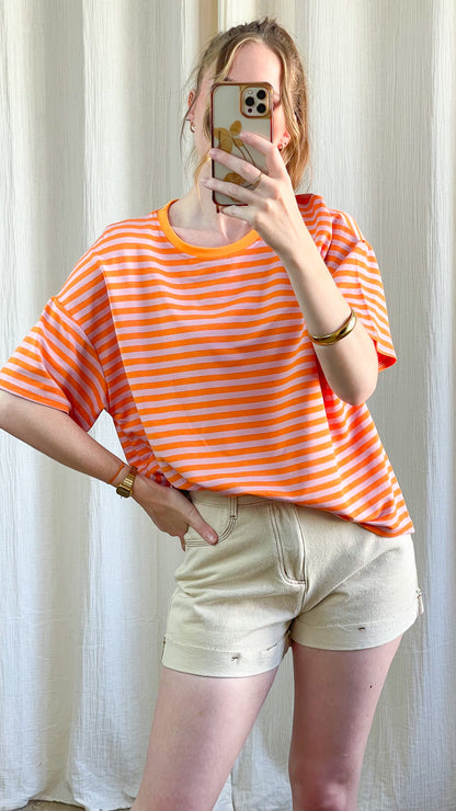 T-shirt Théa oversize rayé orange et rose manches courtes col rond style casual femme été