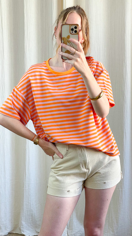 T-shirt Théa oversize rayé orange et rose manches courtes col rond style casual femme été