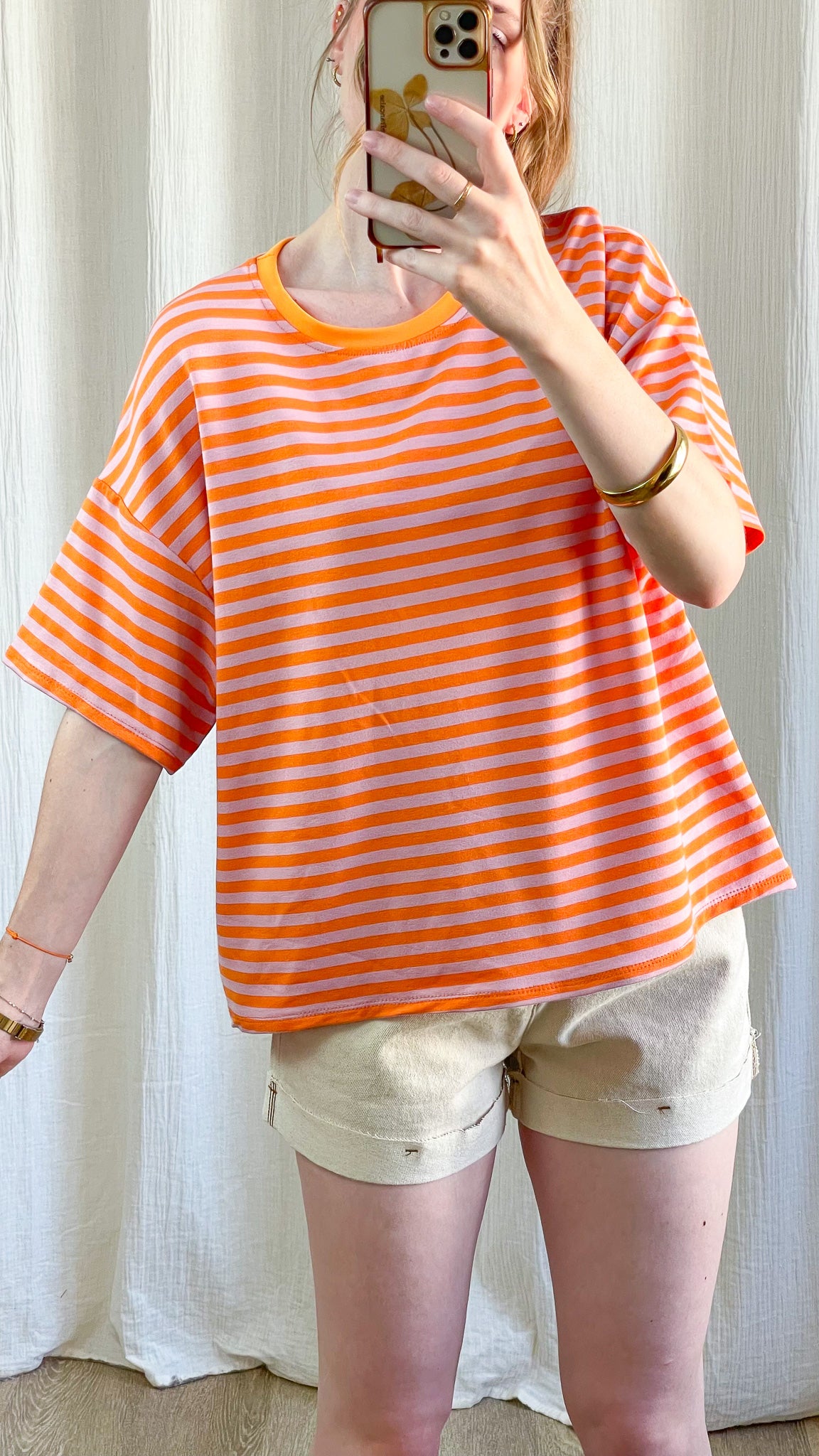 T-shirt Théa oversize rayé orange et rose manches courtes femme style décontracté été