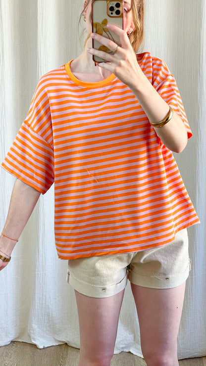 T-shirt Théa oversize rayé orange et rose manches courtes femme style décontracté été