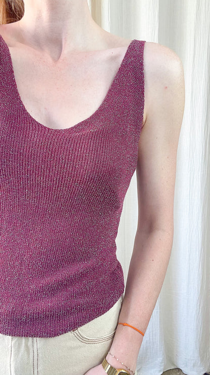 Top débardeur Lou bordeaux à paillettes en maille fine lurex femme, décolleté arrondi et coupe ajustée