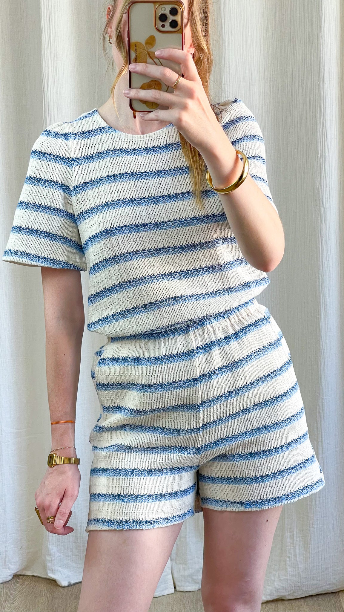 Short Lana rayé bleu et blanc en maille texturée taille élastique style marinière été femme