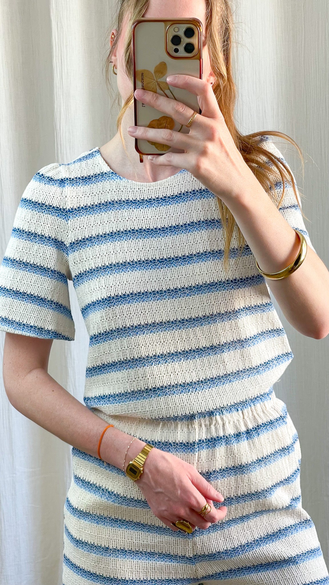 T-shirt Lana femme en maille ajourée rayures bleu et blanc coupe droite manches courtes style marinière été