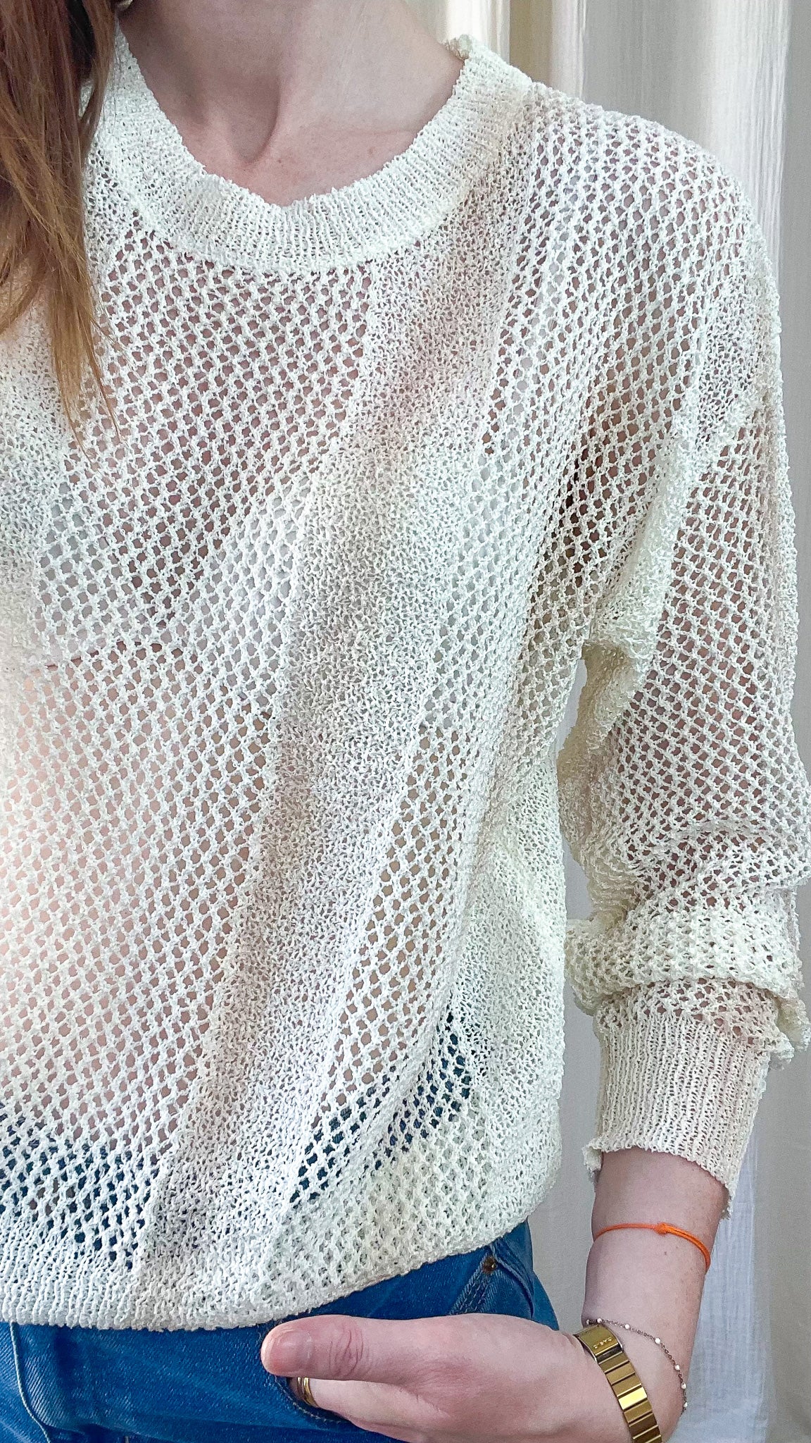 Pull maille ajourée écru femme coupe ample manches longues style bohème chic printemps été
