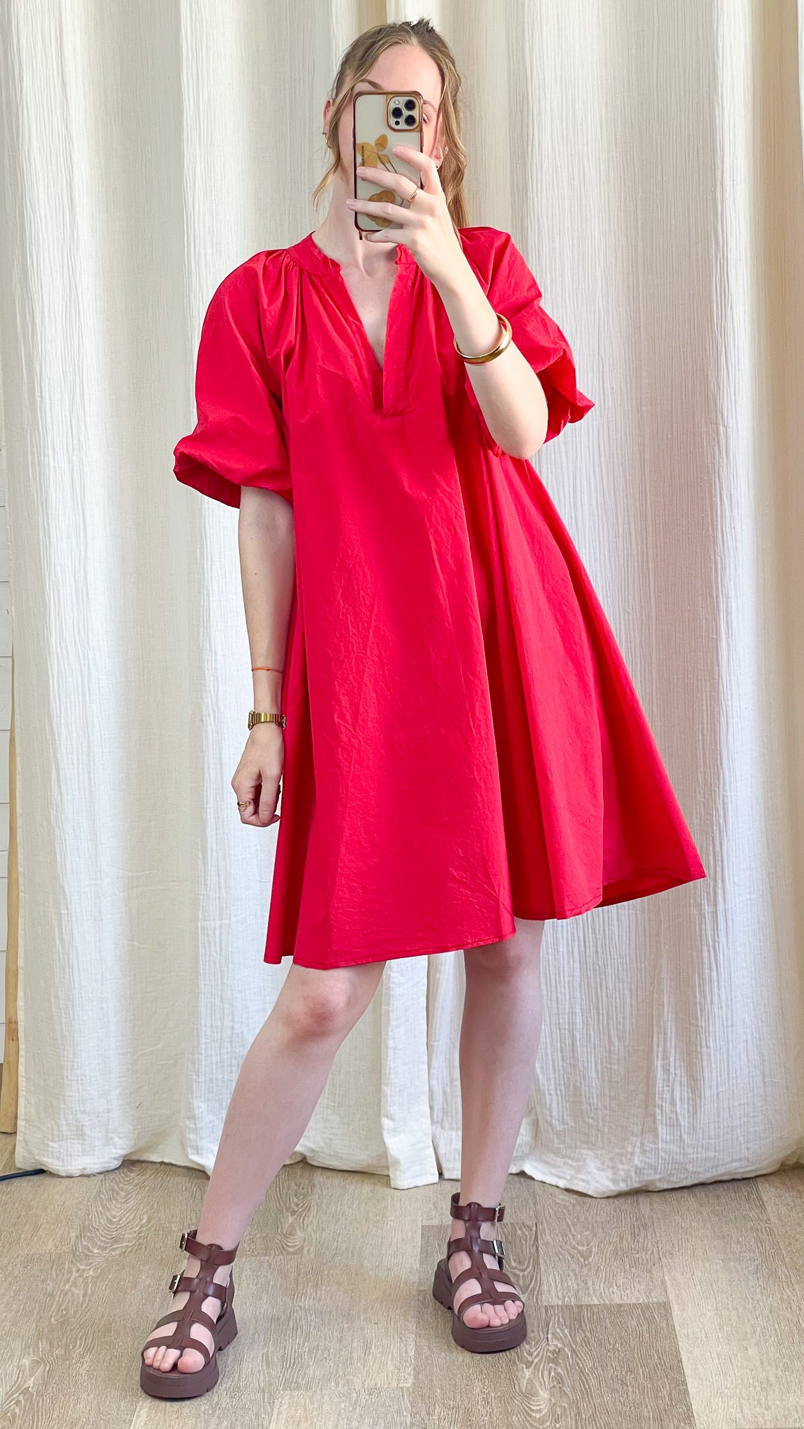 Robe Emma rouge ample manches bouffantes col V coton femme style bohème chic été