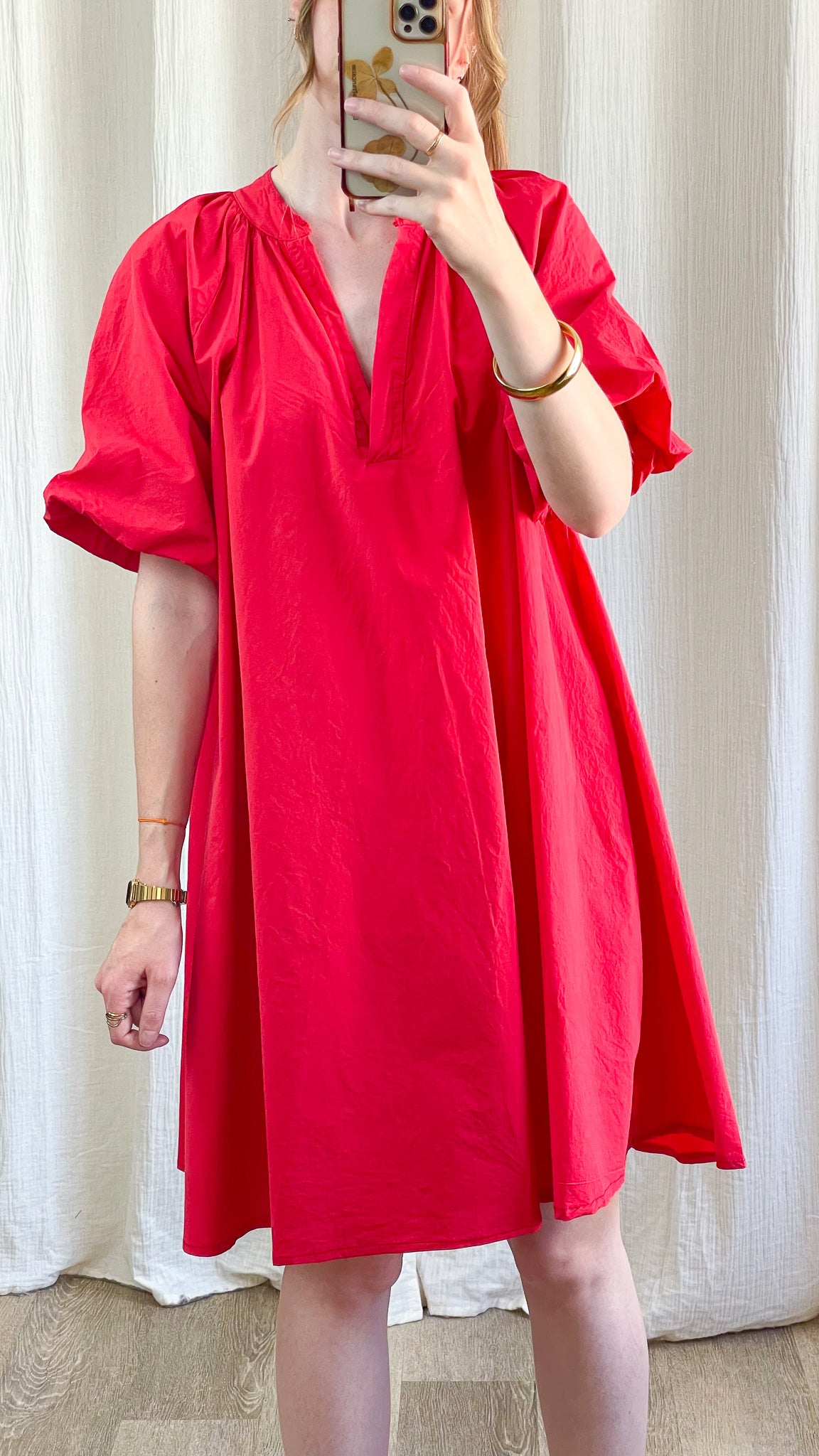 Robe Emma rouge ample manches bouffantes col V femme coton léger style bohème été