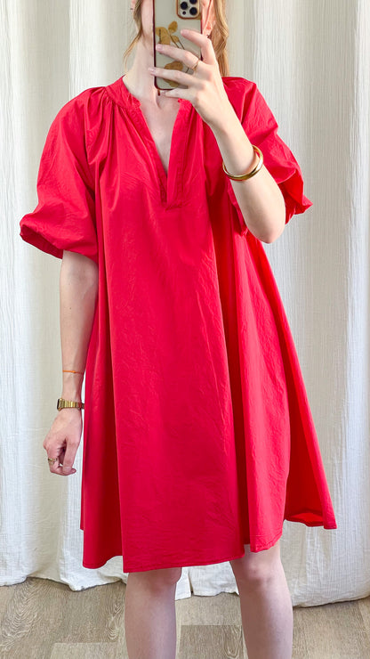 Robe Emma rouge ample manches bouffantes col V femme coton léger style bohème été