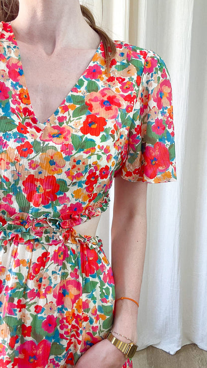 Robe Zoé fleurie multicolore découpes taille, manches courtes, imprimé bohème coloré été femme