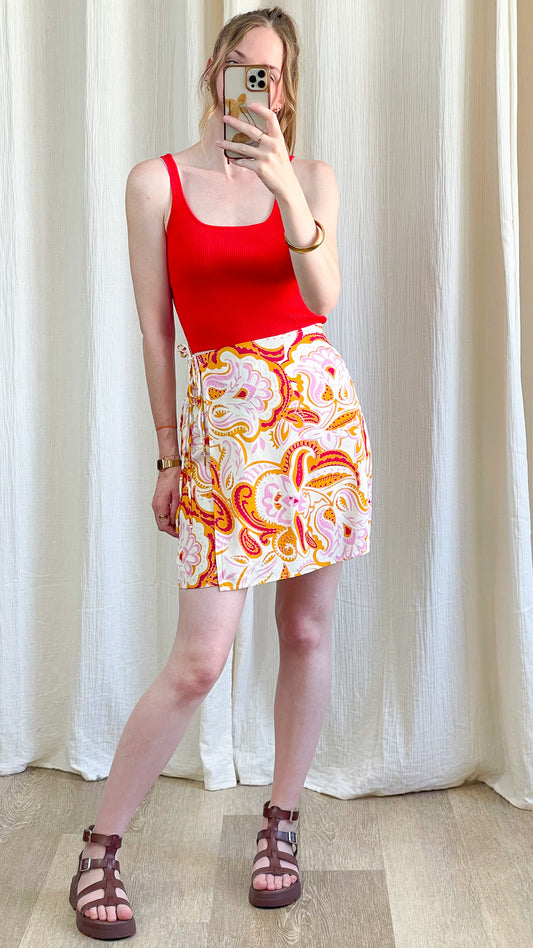 Jupe courte Clémence imprimé paisley rose orange style bohème été femme avec lien taille