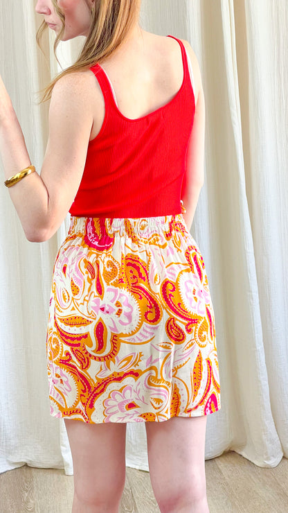 Jupe courte imprimé paisley orange rose et blanc taille élastique style bohème femme été