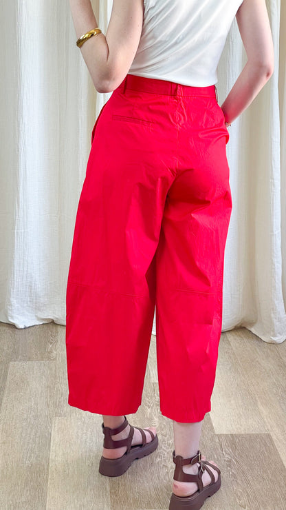 Pantalon large 7/8 rouge taille haute femme coupe cropped en coton, style casual chic avec poches arrière