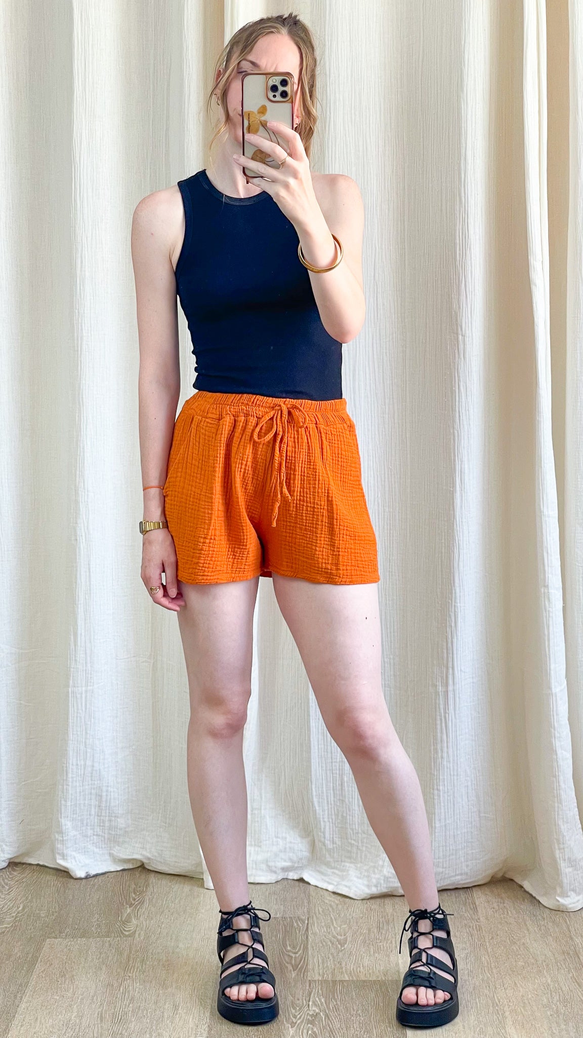 Short Dani orange en gaze de coton femme taille élastique cordon, style décontracté été