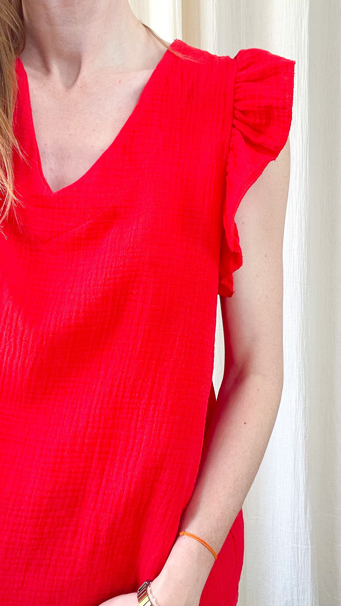 Top rouge vif femme manches courtes à volants col V en gaze de coton style bohème chic été