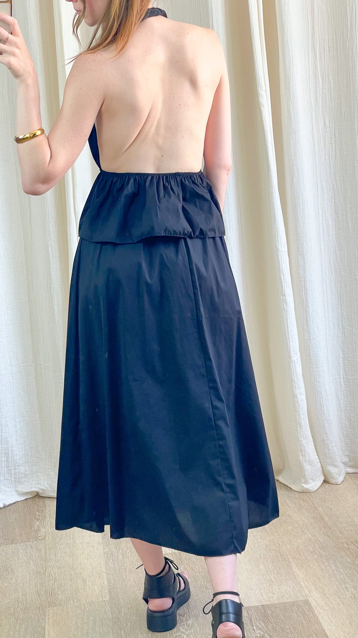 Ensemble Morgane noir dos nu femme top volant et jupe midi fluide style élégant été