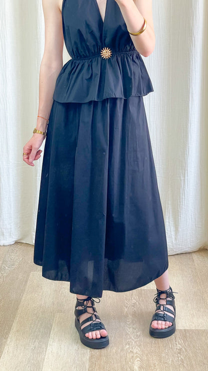 Ensemble Morgane noir femme top péplum et jupe longue fluide avec détail soleil doré style bohème chic