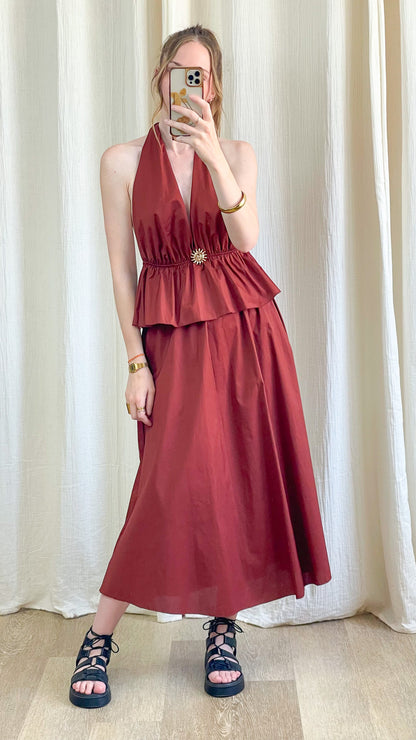 Ensemble Morgane bordeaux femme top péplum décolleté plongeant et jupe midi fluide taille haute été
