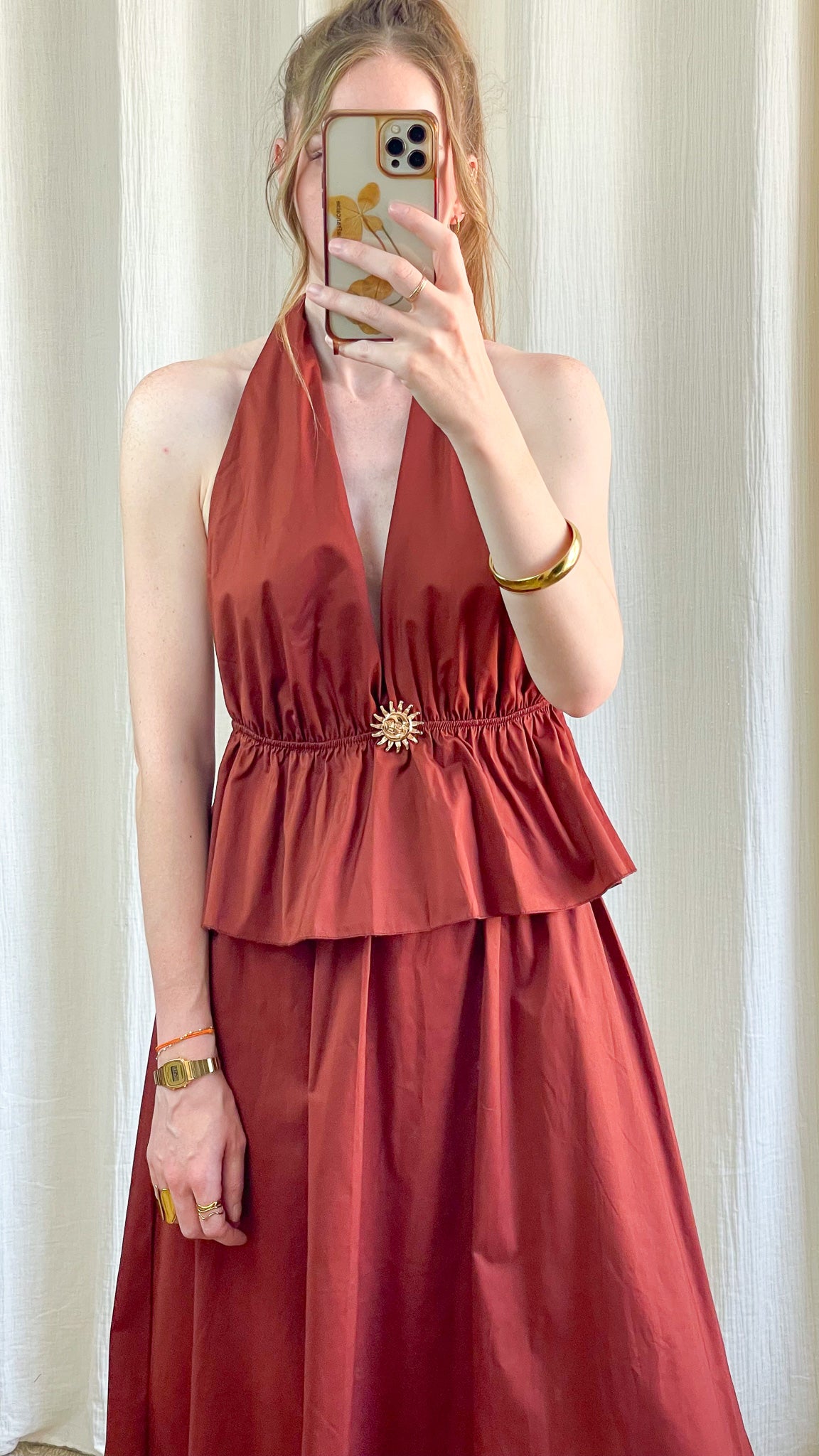 Ensemble Morgane terracotta femme top halter décolleté plongeant et jupe longue fluide détail soleil doré