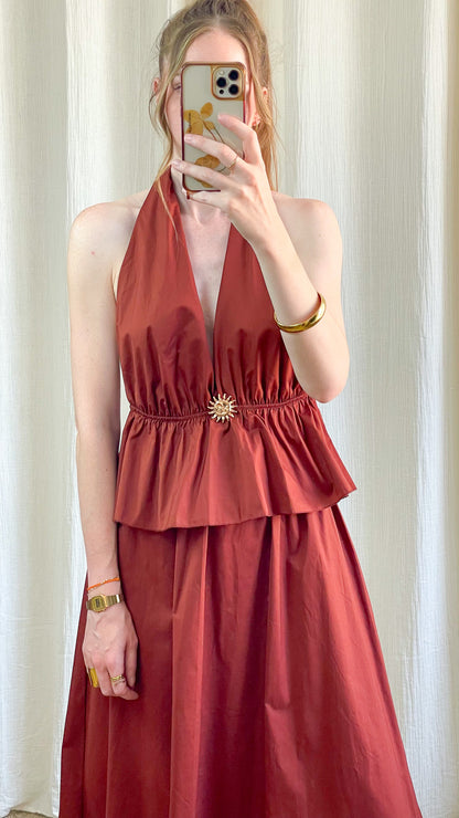Ensemble Morgane terracotta femme top halter décolleté plongeant et jupe longue fluide détail soleil doré