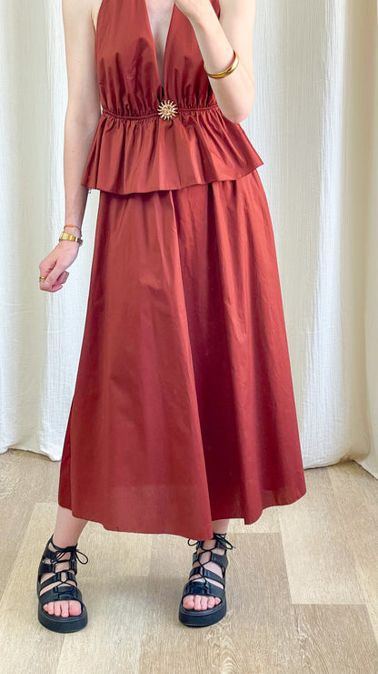 Ensemble Morgane femme top péplum et jupe longue bordeaux coton détail soleil doré style bohème chic