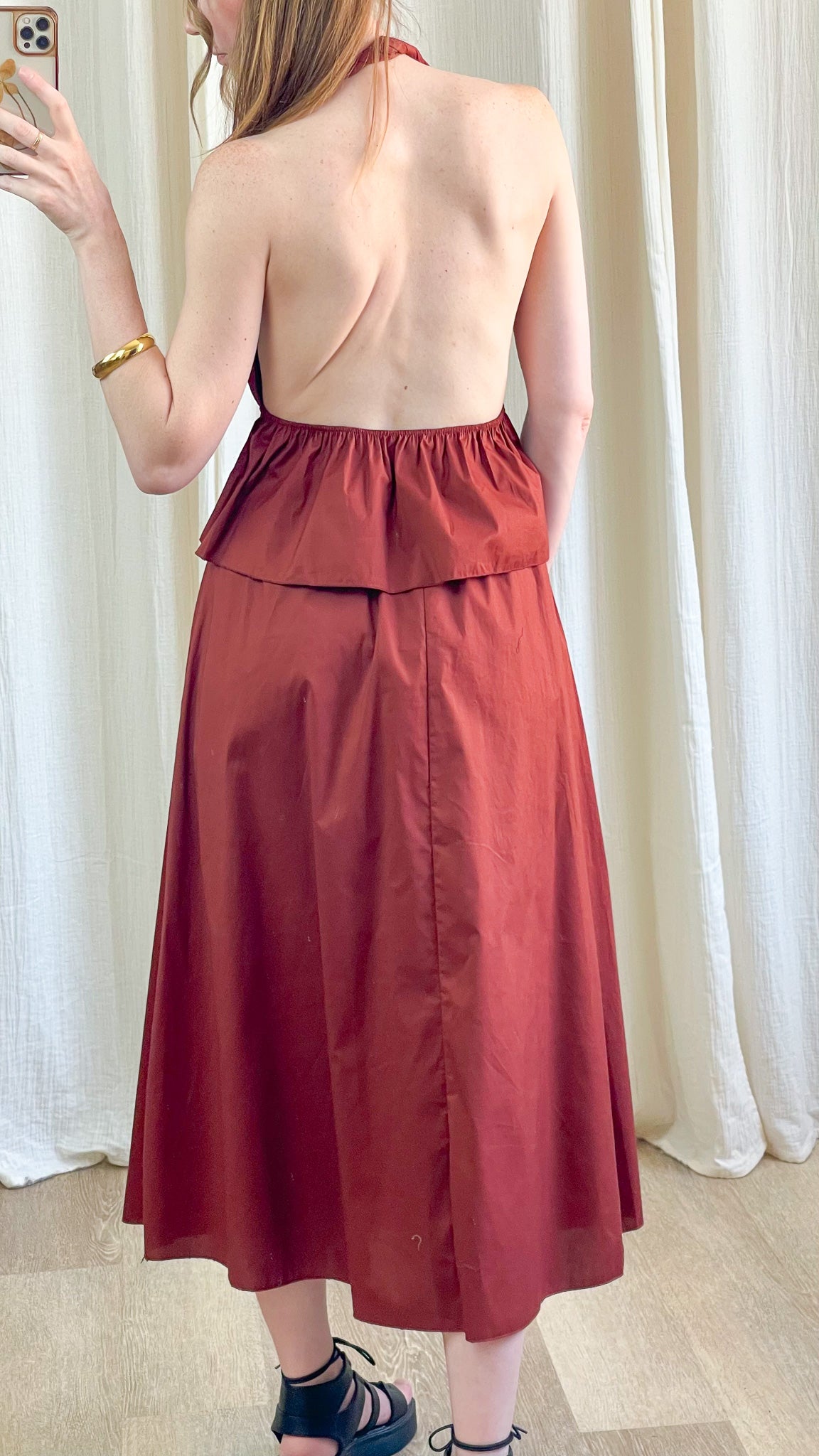 Ensemble Morgane jupe midi et top à volant dos nu terracotta en coton femme style bohème chic