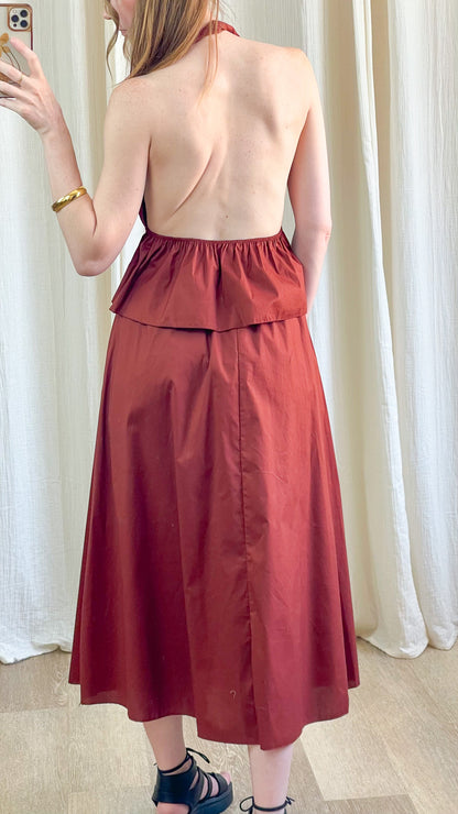 Ensemble Morgane jupe midi et top à volant dos nu terracotta en coton femme style bohème chic