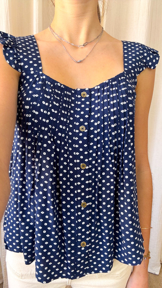 Top Sandrine – Top imprimé bleu à bretelles volantées