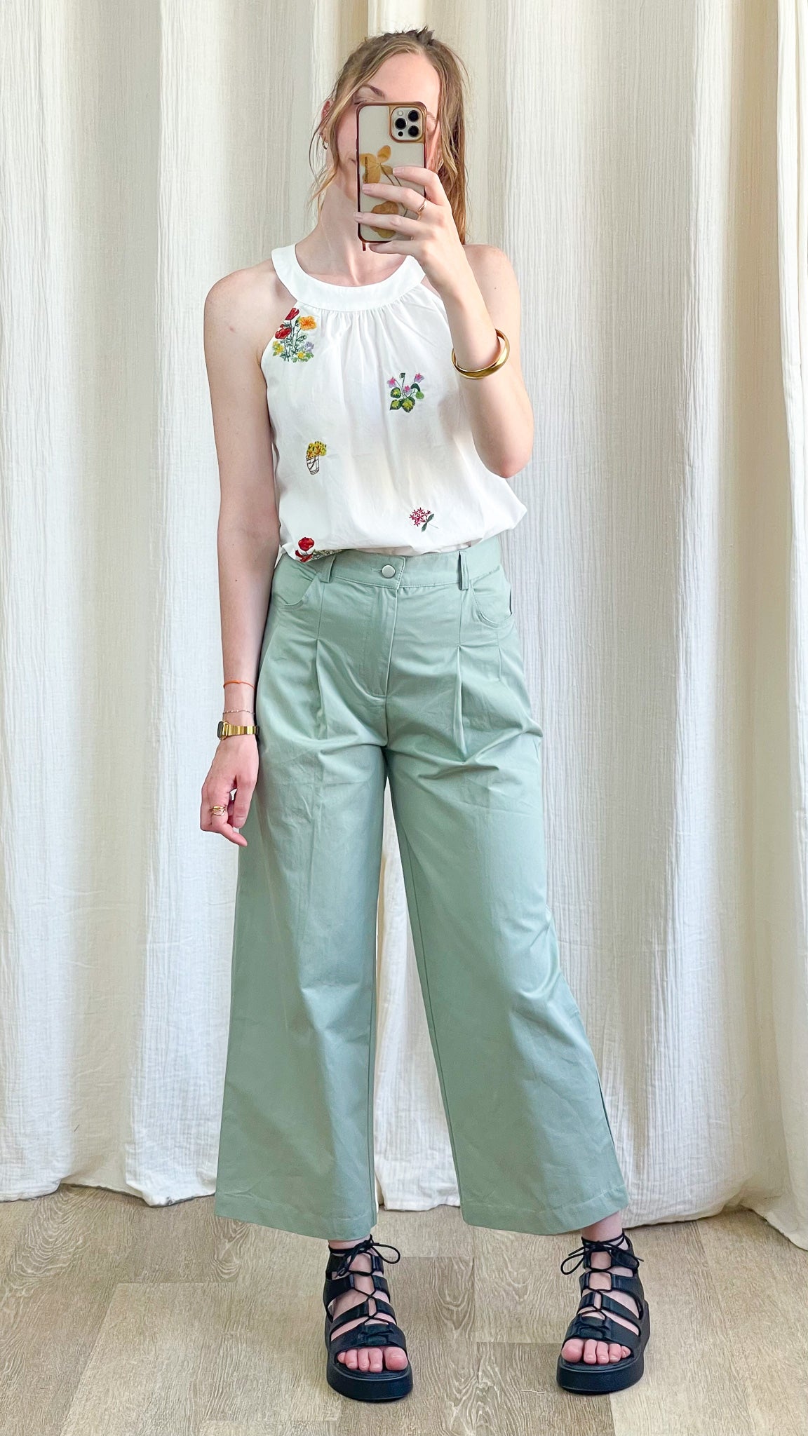 Pantalon large taille haute vert d'eau femme coupe cropped style casual chic avec poches avant