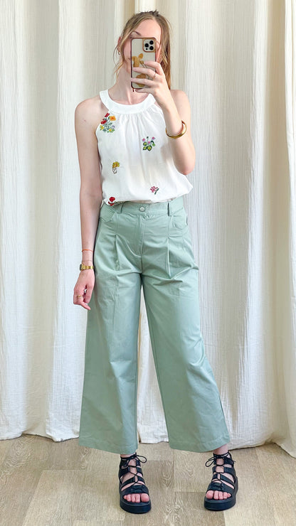 Pantalon large taille haute vert d'eau femme coupe cropped style casual chic avec poches avant