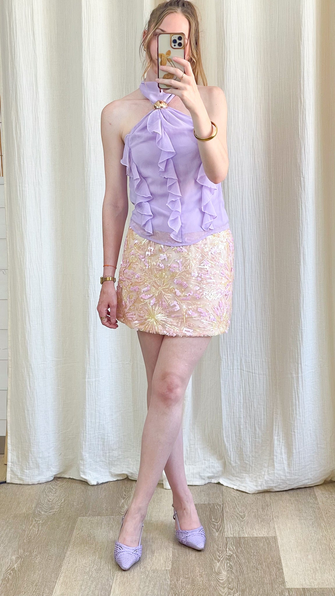 Jupe courte brodée sequins rose et dorée motif floral femme - Jupe Diane mini élégante soirée