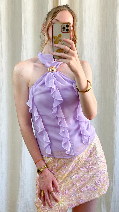 Top Manon violet lavande en mousseline transparente à volants avec col halter et anneau doré femme