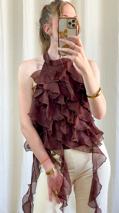 Top Léa bordeaux à volants en organza transparent style romantique femme avec col montant sans manches