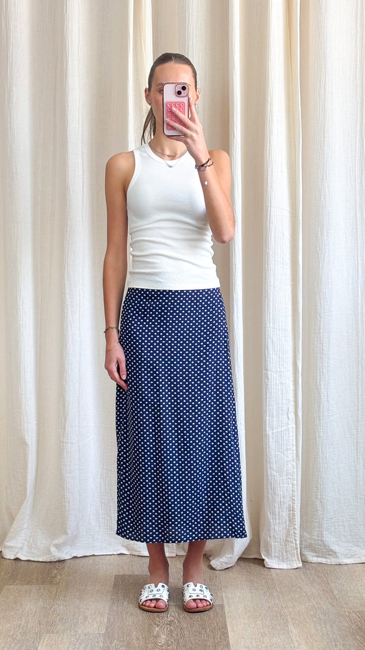 Jupe Cia – Jupe midi bleu marine à pois coupe fluide