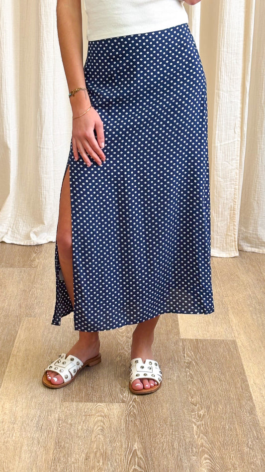 Jupe Cia – Jupe midi bleu marine à pois coupe fluide