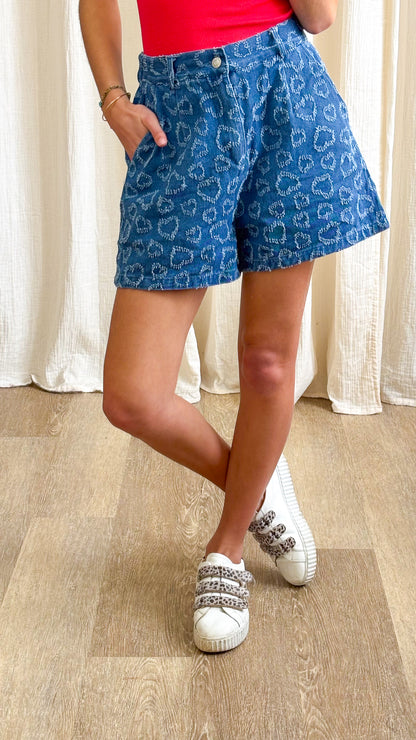 Short Lova - Short denim à motif cœurs