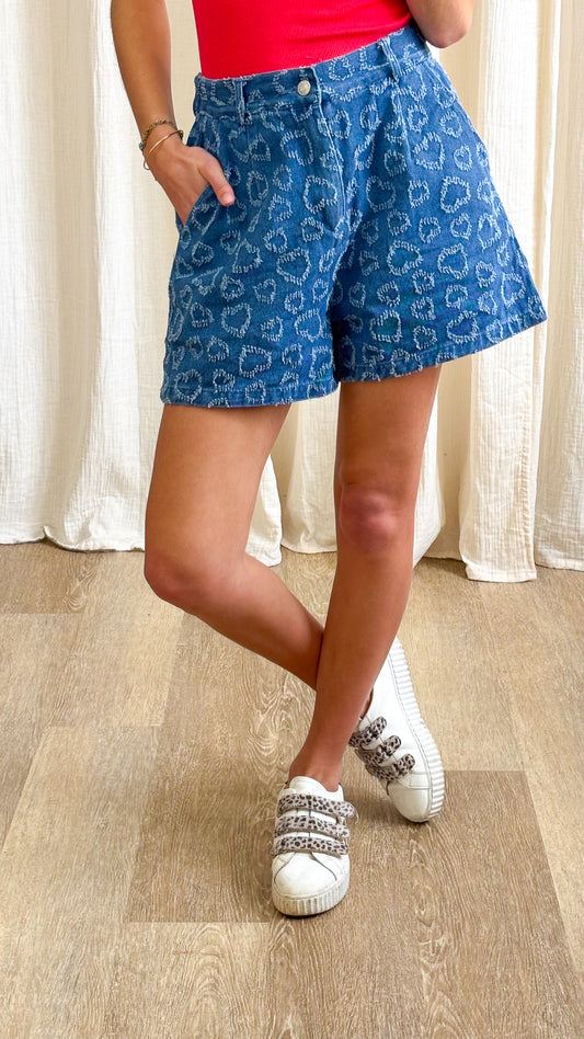 Short Lova - Short denim à motif cœurs