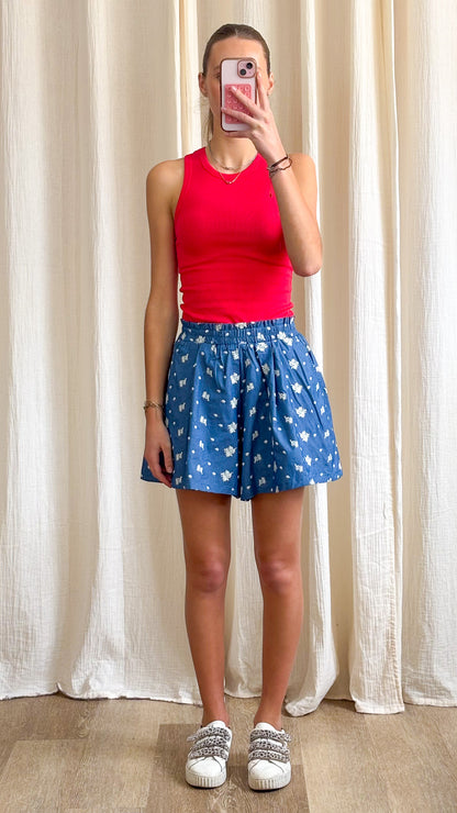 Short Assia - Short bleu imprimé taille haute fluide été