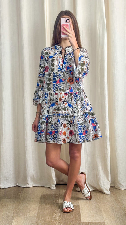 Robe Rebecca – Robe courte imprimée bohème à manches longues
