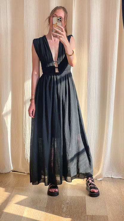 Robe longue noire Leila décolleté plongeant en gaze de coton style bohème chic femme été