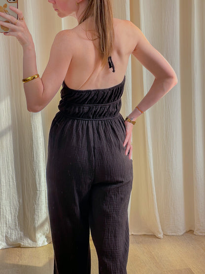 Combinaison femme noire bustier en gaze de coton dos nu avec taille élastique style bohème décontracté