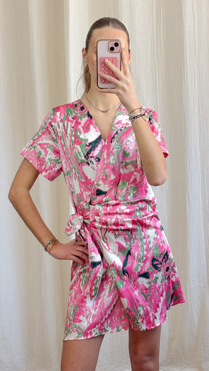 Robe Nina – Robe portefeuille courte imprimé rose et vert