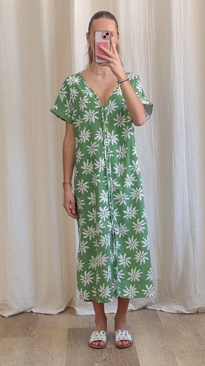 Robe Azalée – Robe longue fluide imprimé floral vert