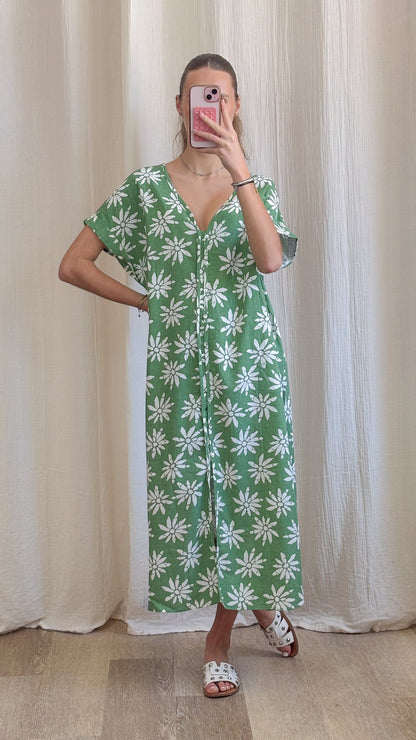 Robe Azalée – Robe longue fluide imprimé floral vert