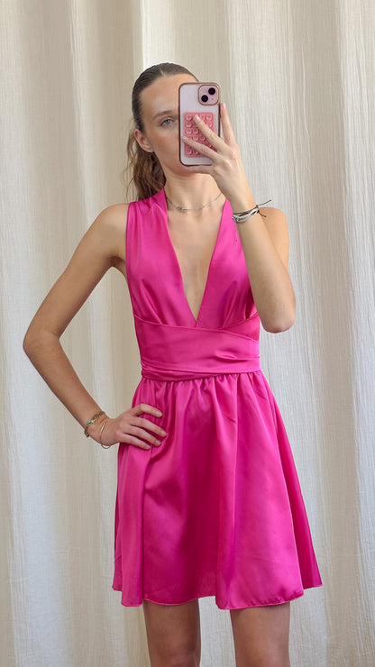 Robe Soia – Robe courte satinée multiposition fuchsia
