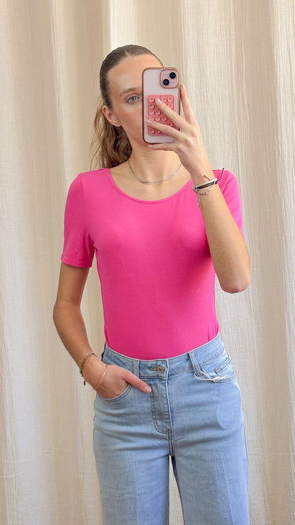 Body Paula – Body manches courtes rose fuchsia dos dentelle