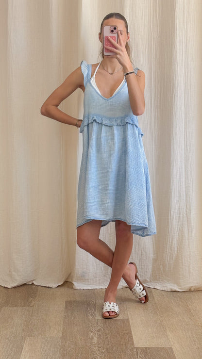 Robe Selena – Robe courte fluide en gaze de coton à volants