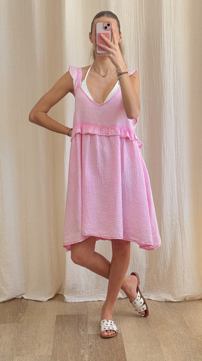 Robe Selena – Robe courte fluide en gaze de coton à volants
