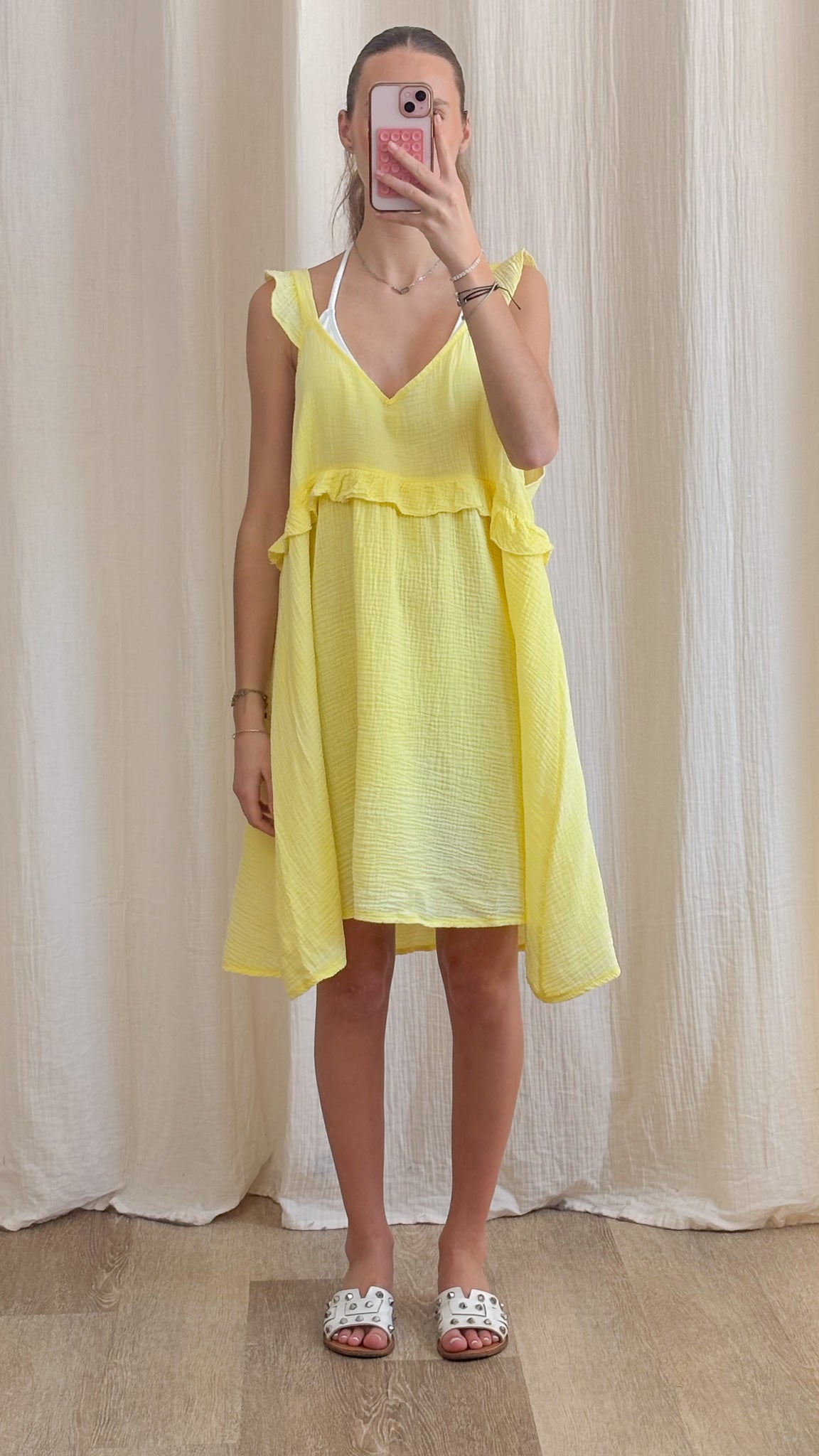 Robe Selena – Robe courte fluide en gaze de coton à volants